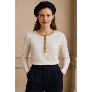 Boden Linen Long Sleeve Button Front Thermal Knit Top Gold Neckline Size 8